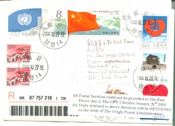 All Postal Services could not be provided to the East Timor due to The UPU Circular January 31st 2000. All Mails destined to above direction will be RETUNRED on the debit of The Origin Postal administration